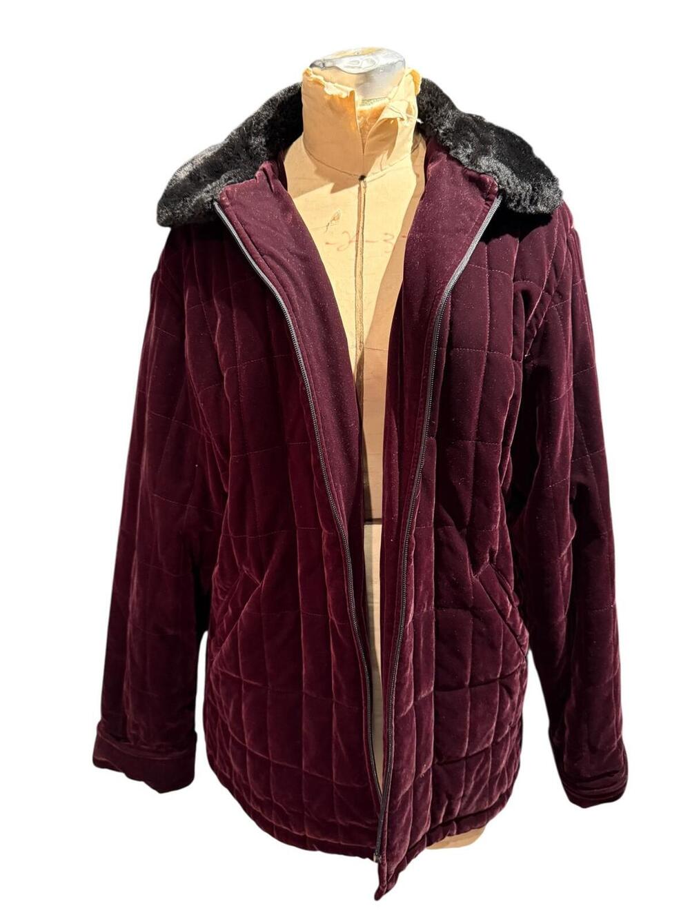 Gallery Quilted Burgundy Velvet Jacket with Faux Fur Collar